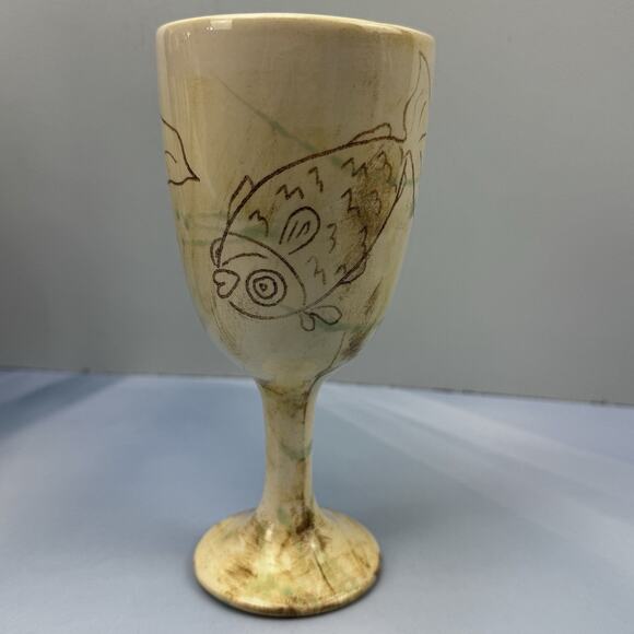 Studio Art Pottery Wine Glass Goblet Drip Glaze Fish Design Chalice Artisan EUC - Picture 1 of 15
